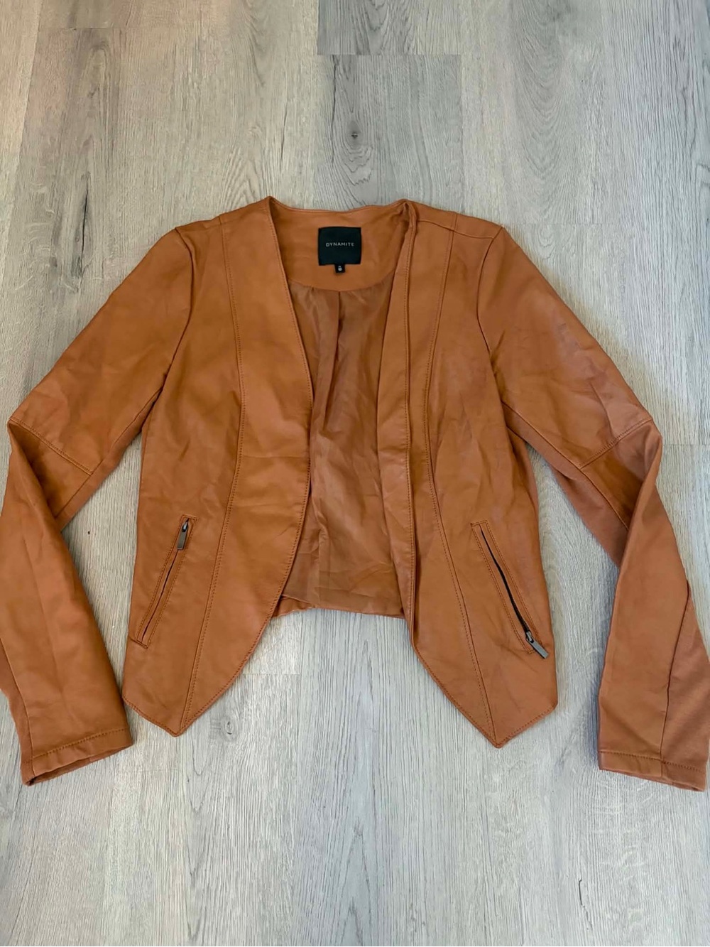 Dynamite Tan Camel Faux Leather Jacket Layering Classic Chic Boho Casual Edgy - Picture 2 of 4